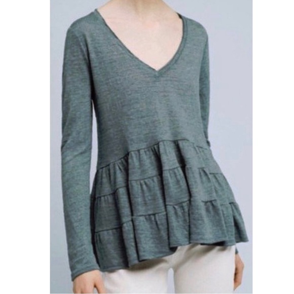 Anthropologie Teal Tiered Ruffled Peplum Long Sleeve V Neck Knit Top - Picture 1 of 10